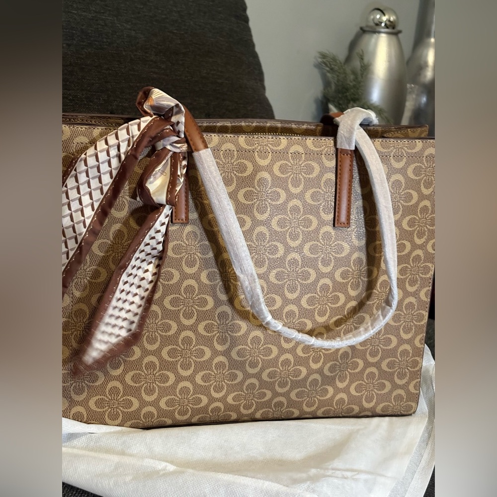 Brown Floral-Pattern Tote Bag with Scarf Accent